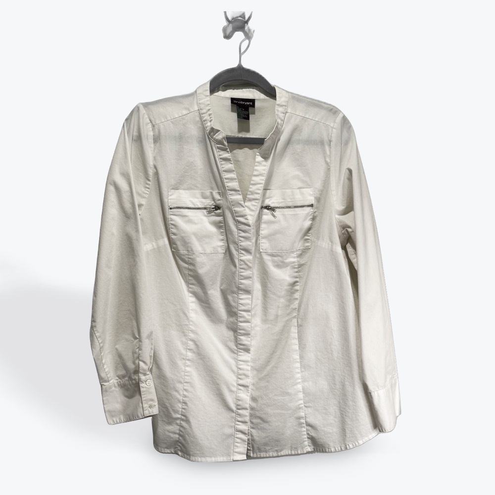 Lane Bryant White Collarless Button-Down Shirt